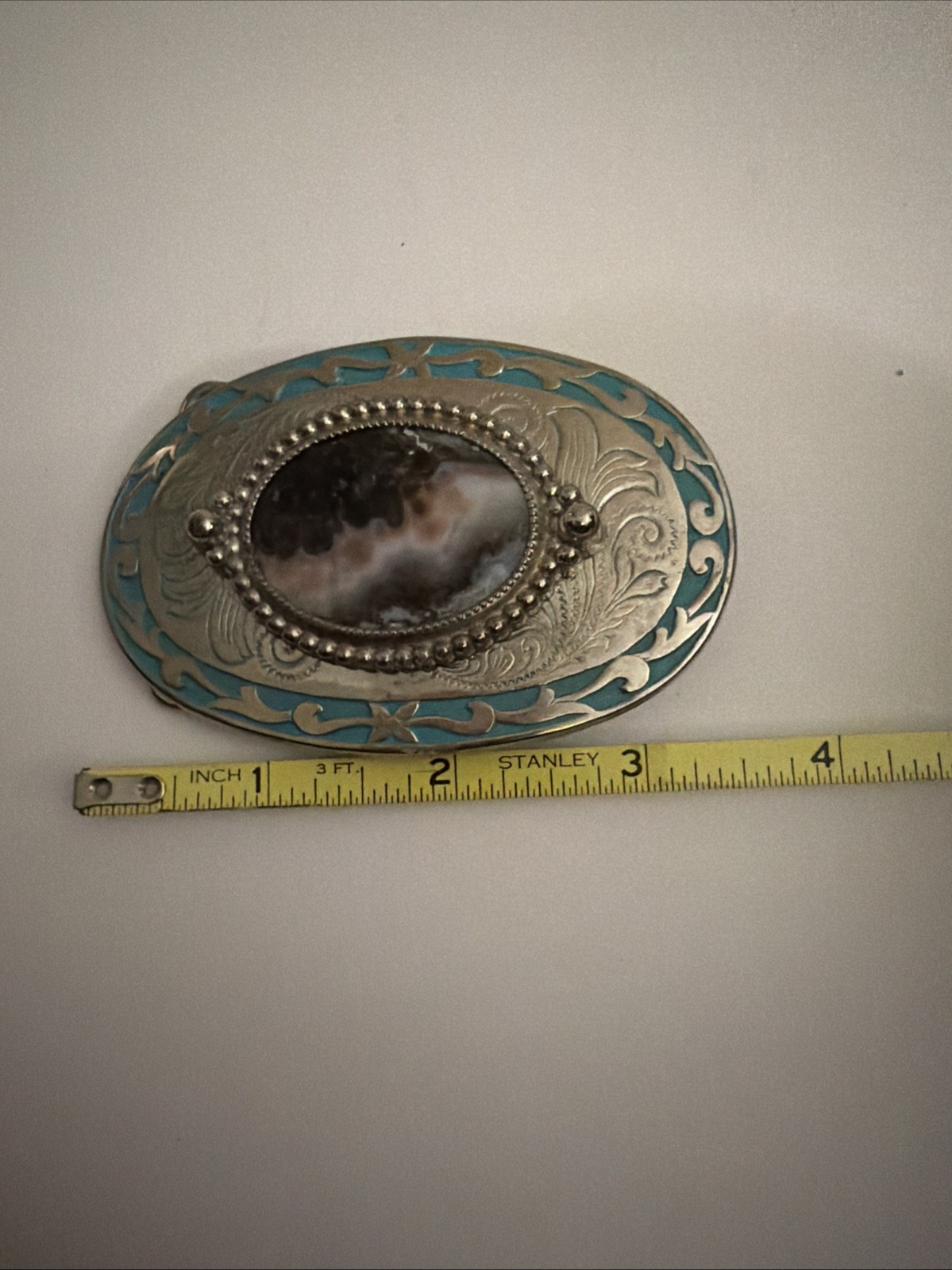 Southwestern Stone Belt Buckle Oval Floral Agate Western Silvertone