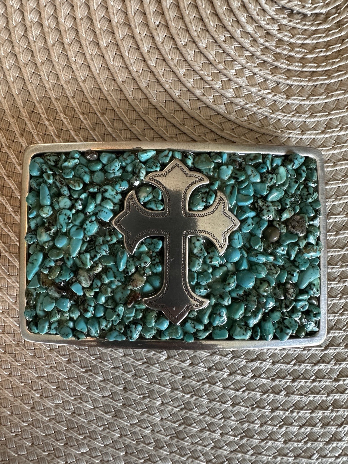 Nocona Silver-Tone Turquoise Chip Inlay Cross Western Buckle Rectangular 1.5&Prime;