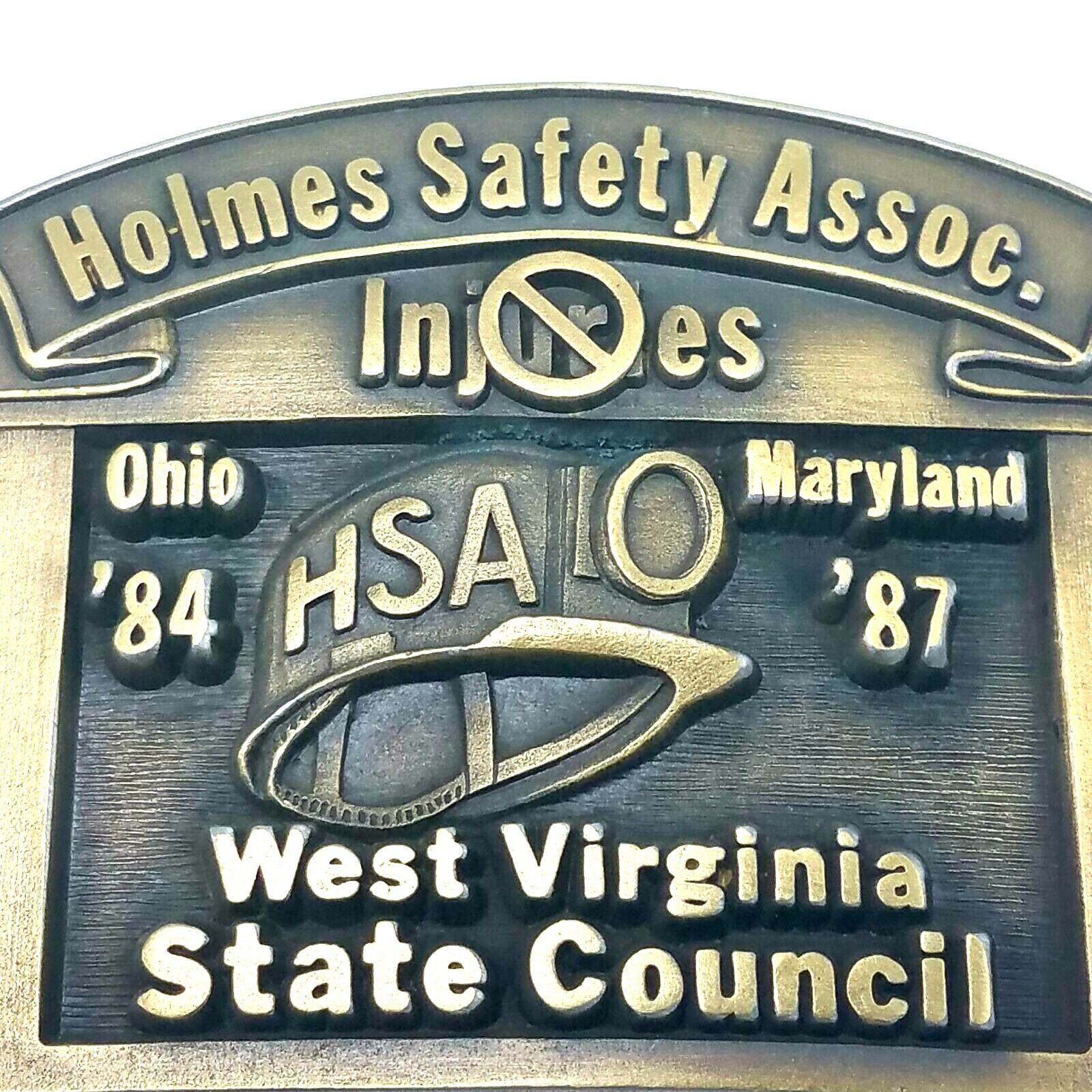 1987 HOLMES SAFETY ASSOCIATION BRASS MINING BELT BUCKLE 3 1/2&Prime; x 2 1/2&Prime; EUC