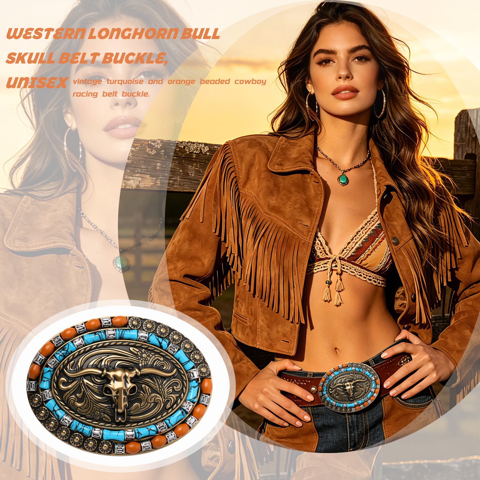 Men&rsquo;s Women&rsquo;s Vintage Cow Skull Turquoise Belt Buckle Western Cowboy Accessories