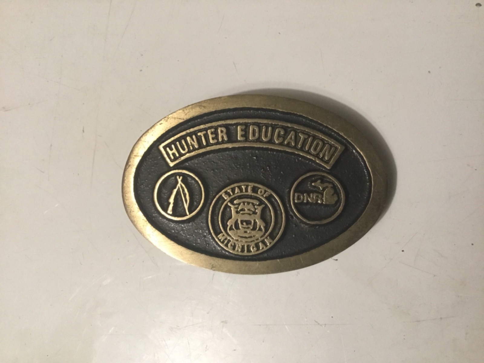 Vintage State Of Michigan DNR Hunter Education Brass Belt Buckle A Tac Original