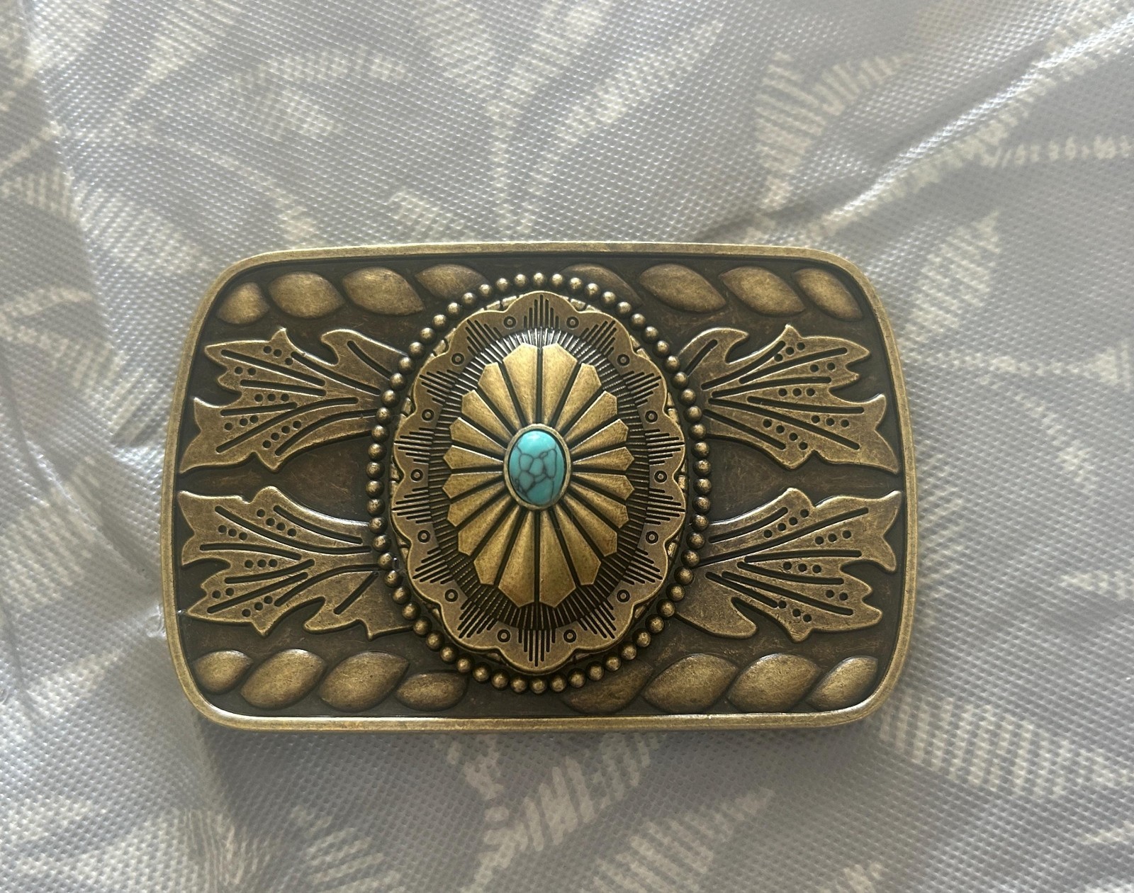Turquoise Western Belt Buckle Antique Brass Engraved Oval Cabochon Cowboy Style