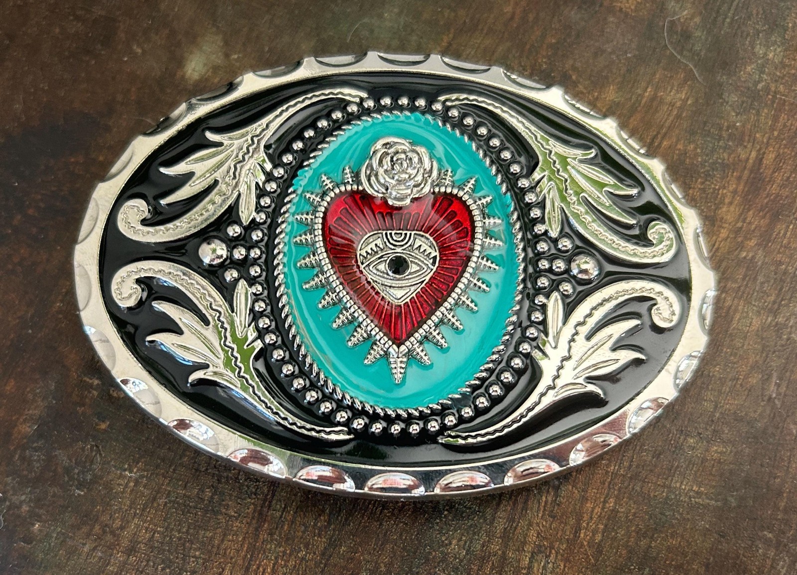 Sacred Heart Belt Buckle Valentines Day Turquoise Crown Mexican Art Western
