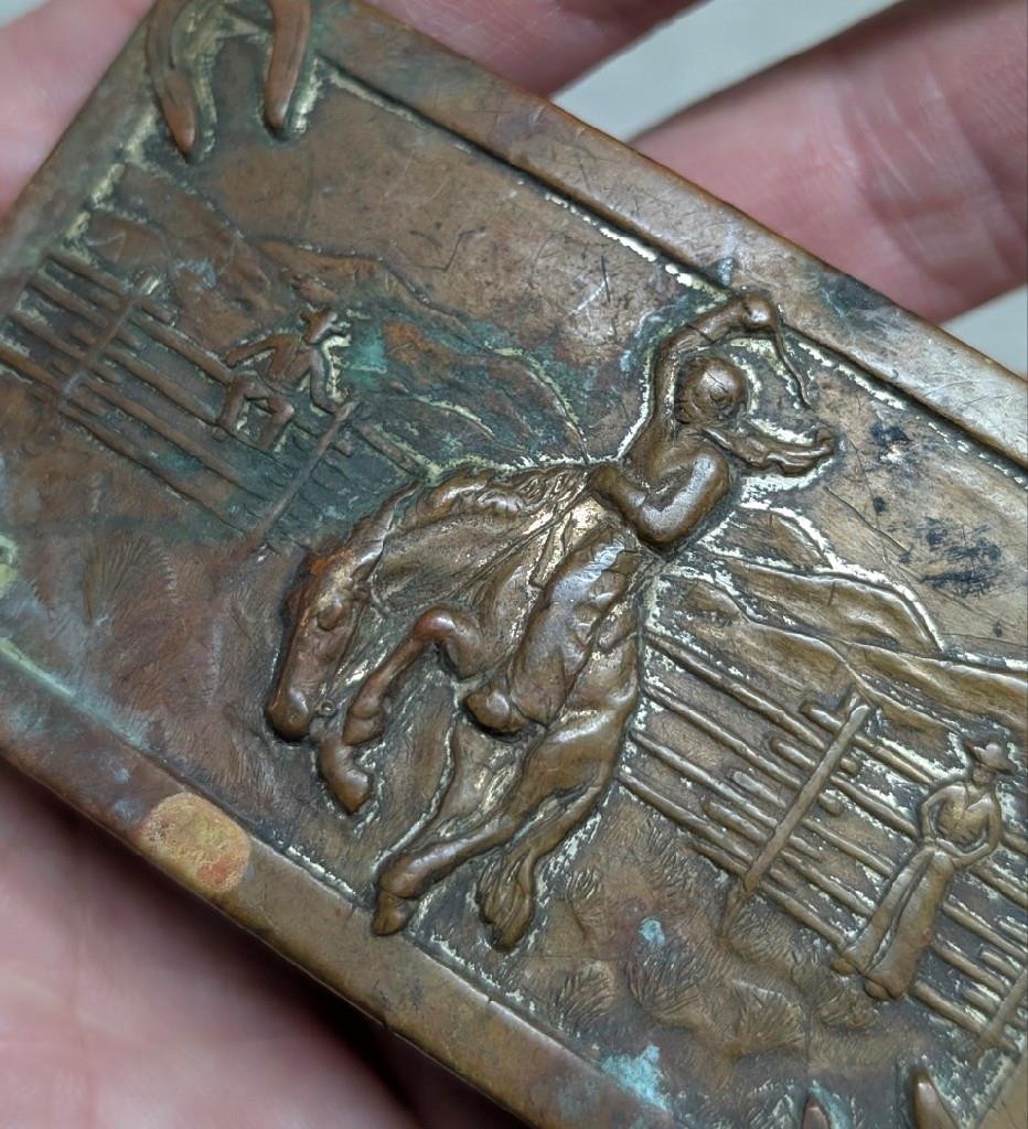 vintage 1950s belt buckle BRONZE brass COWBOY western RODEO bronco horse