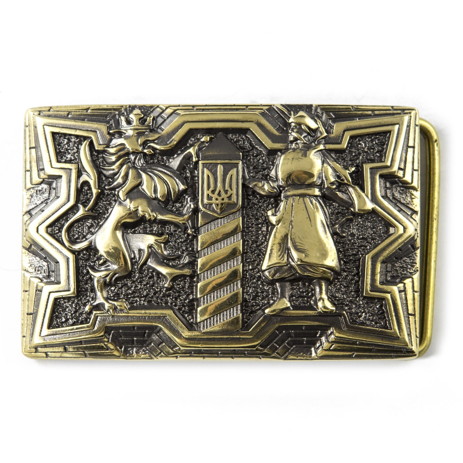 Brass belt buckle Guardians, Military, Cossack and Lion, Ukrainian belt buckle