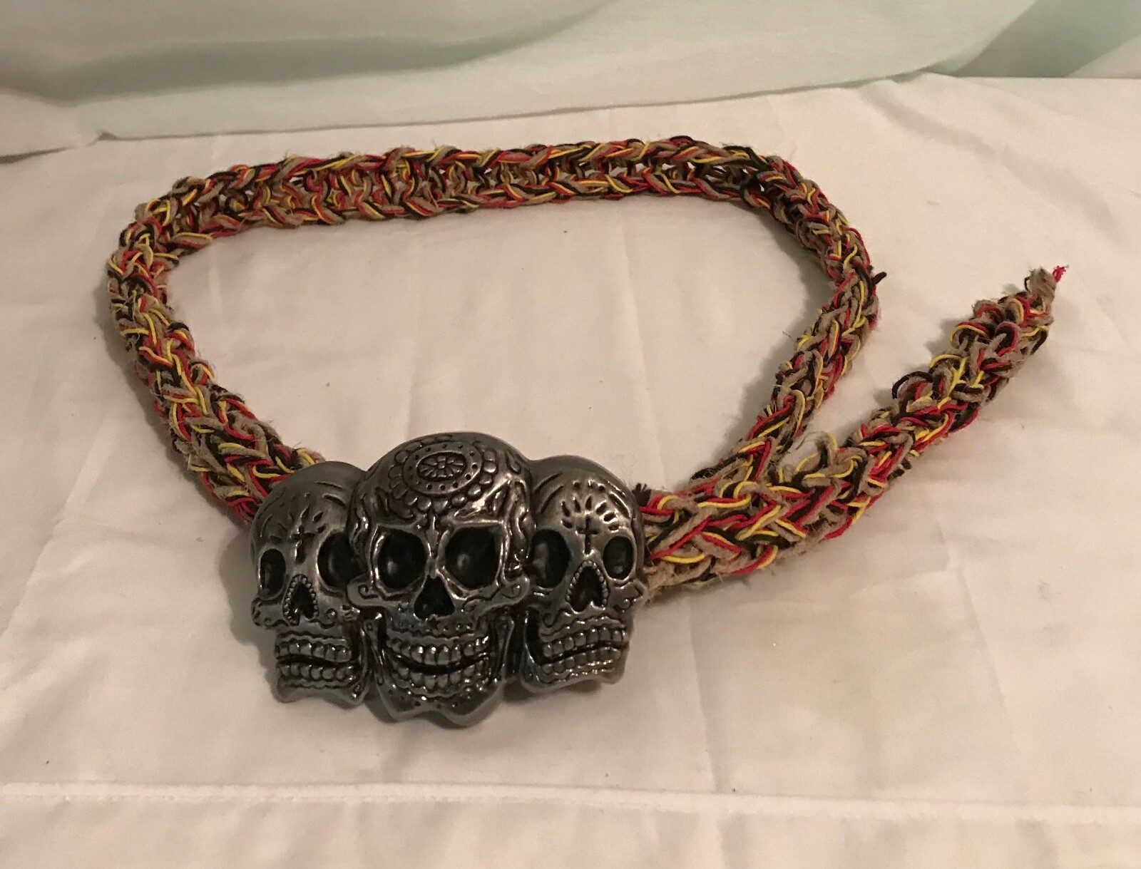 Triple Skull Belt Buckle Rasta 100% Natural Hemp Cord Braided Hemp Twine 50&Prime;