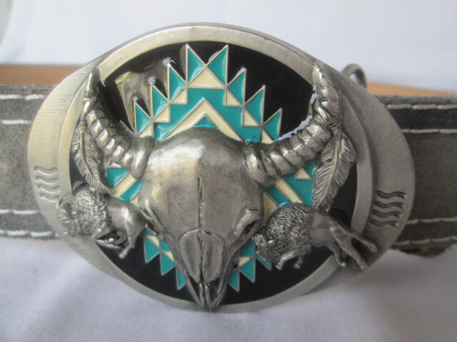 1992 Siskiyou Southwestern Buffalo Skull Feather Buckle Turquoise & Belt Size 36