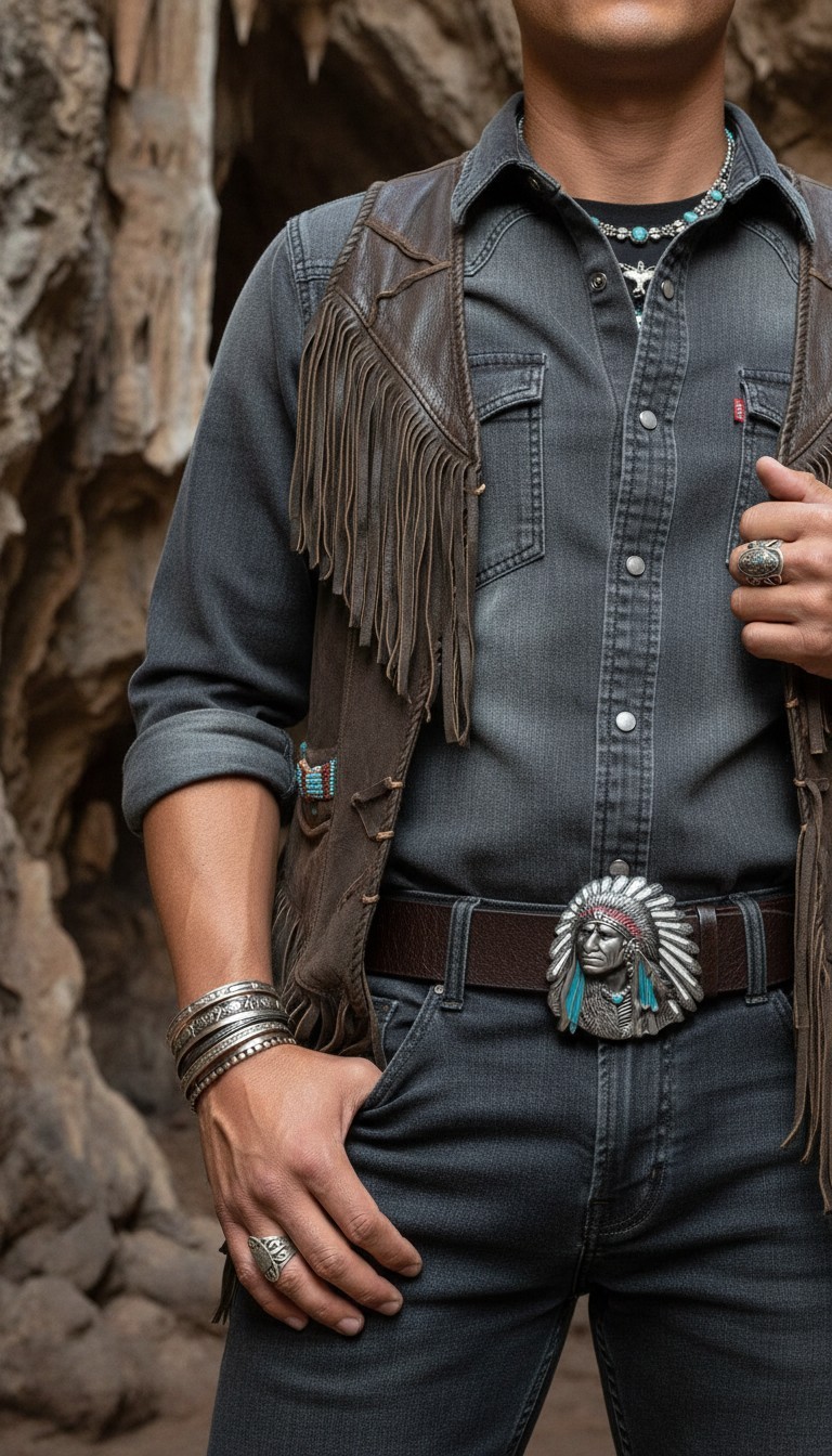 Men Silver Metal Western Fashion Belt Buckle Cowboy Native American Indian Face