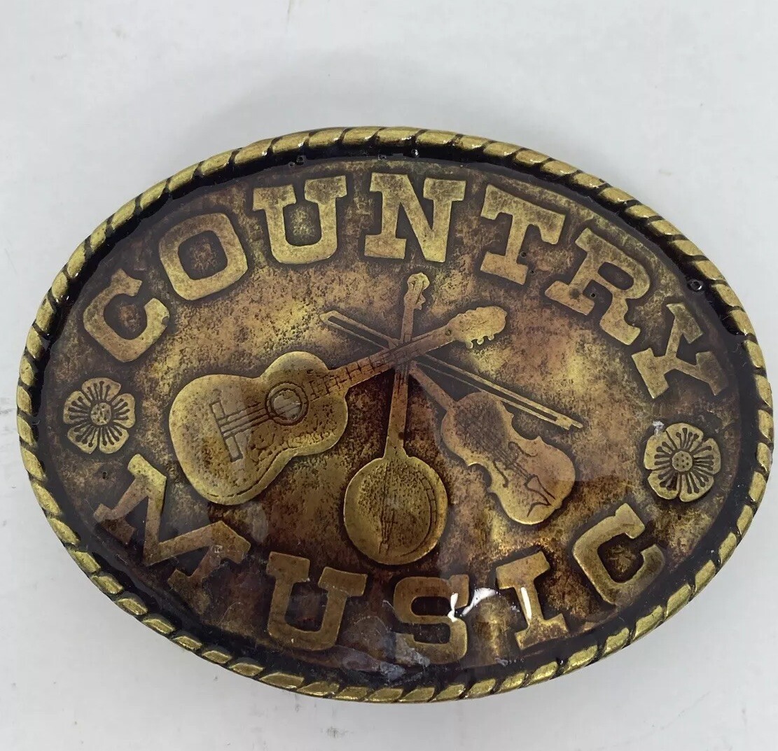 VTG Country Music Enamel Solid Brass Oval Belt Buckle Music