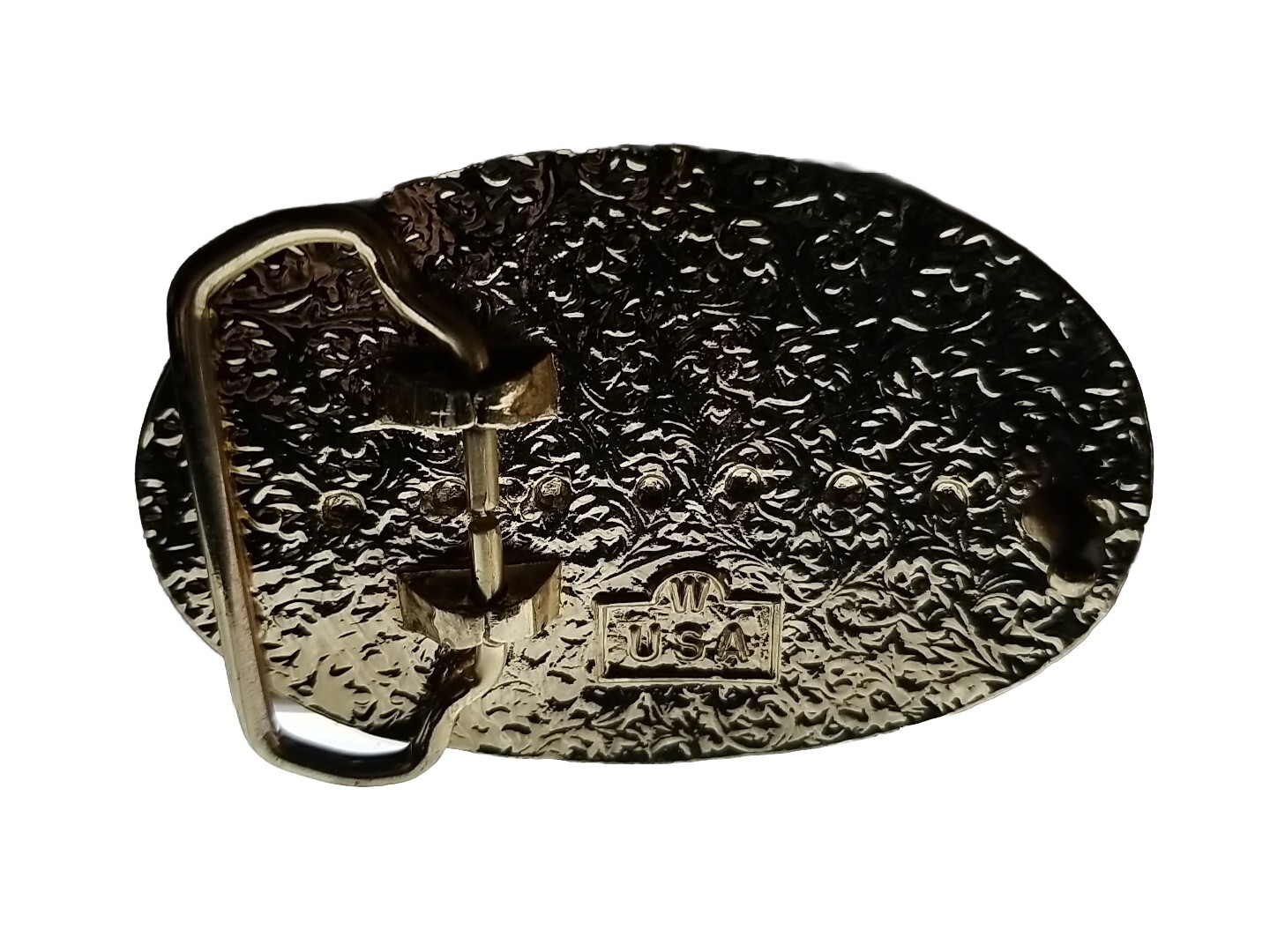 EAGLE Belt BUCKLE 2 1/4&Prime; x 3 1/8&Prime; Silver, Gold + Red Metal w Rope Edge Biker/USA