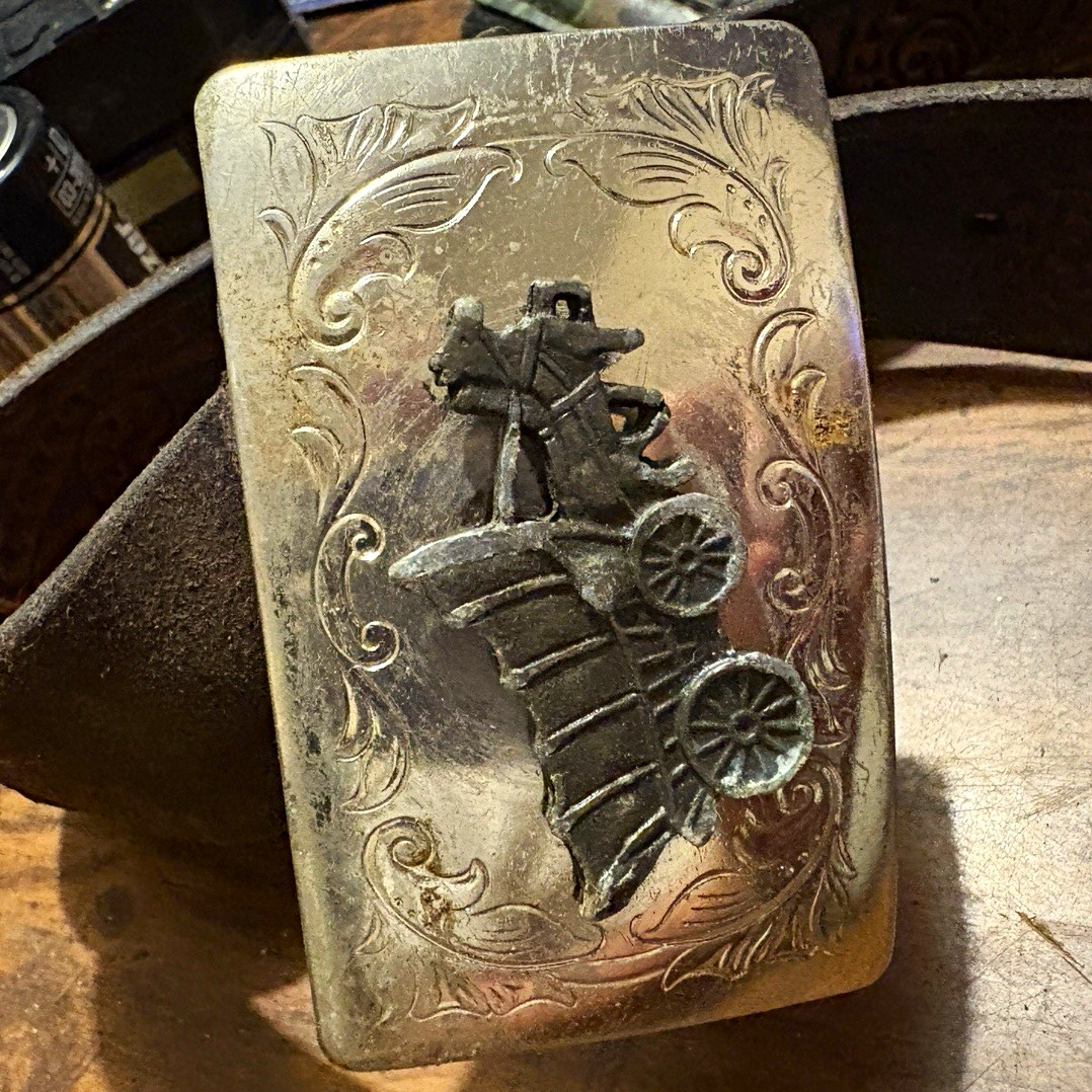 Silver Engraved Metal Western Wagon Rectangular Belt Buckle Fits 1.5 in