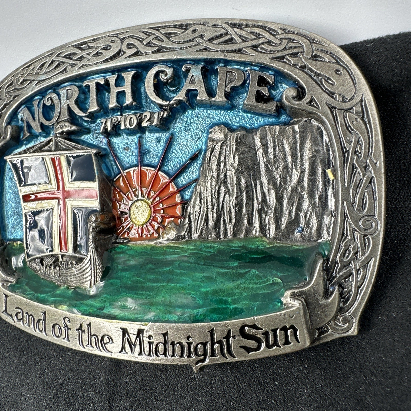 Vtg Tor Nordhus Belt Buckle North Cape Viking Ship Land Midnight Sun Norway &rsquo;91