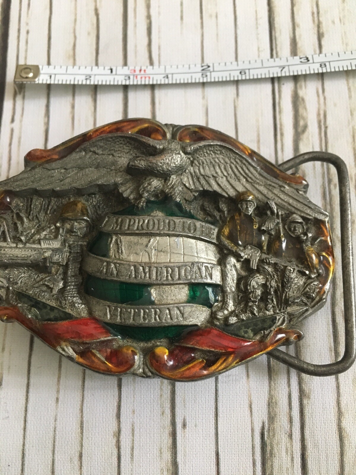Vintage 1986 Brass USA Patriotic Proud To Be An American Veteran Belt Buckle War