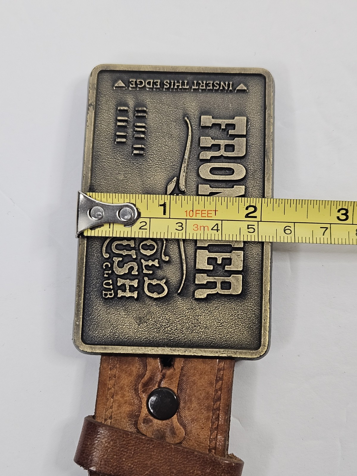 Vintage 80s FRONTIER Gold Rush Club Belt Buckle w/ Embossed Brown Leather Belt