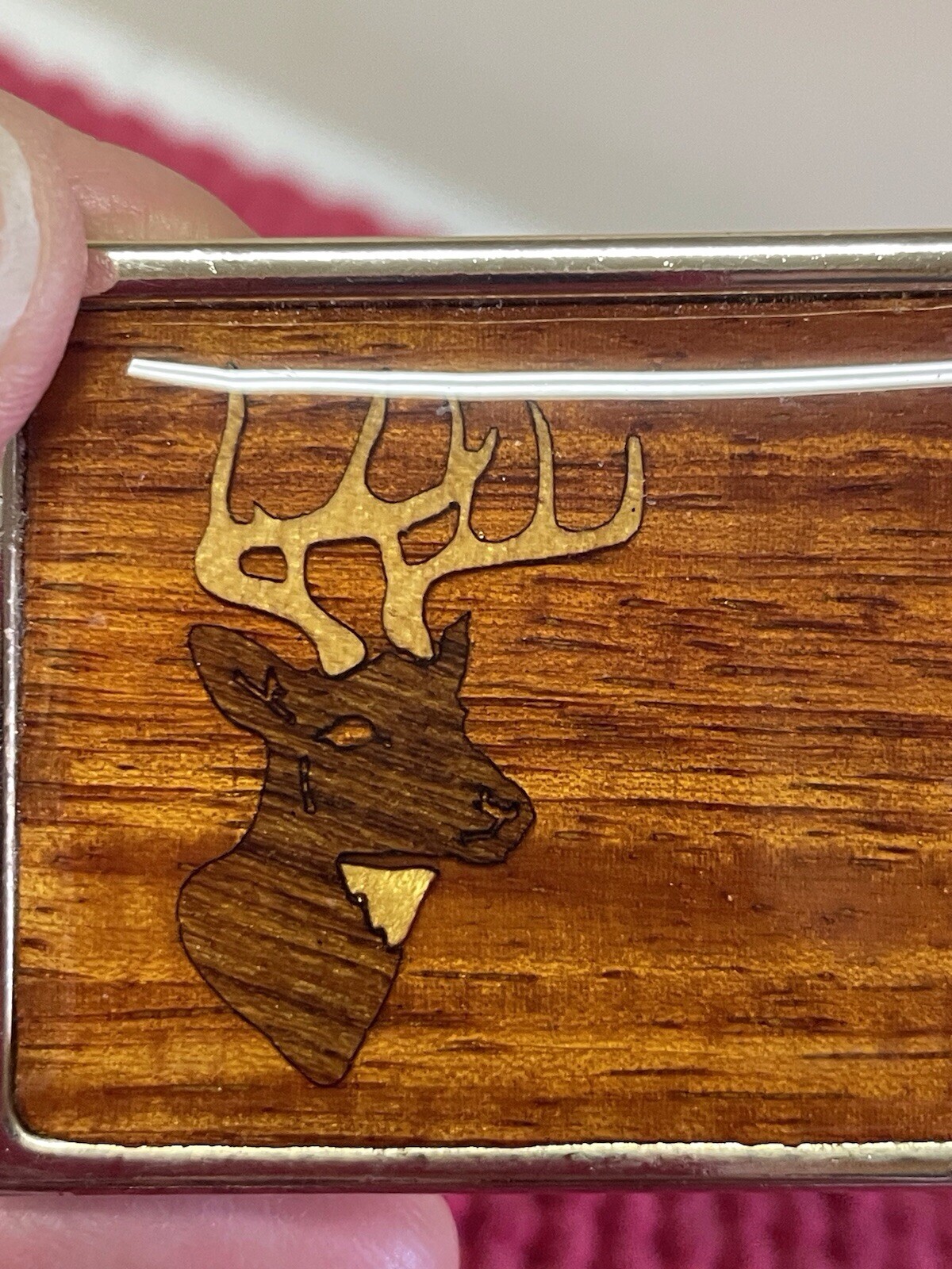 Harmony Metal Belt Buckle Wood Inlay w/Deer Head Gold Color Metal Good Condition