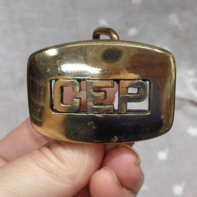 Vtg IMC Small Monogram Initial CEP Brass Belt Buckle 1-7/8&Prime; L x 1-3/8&Prime; H