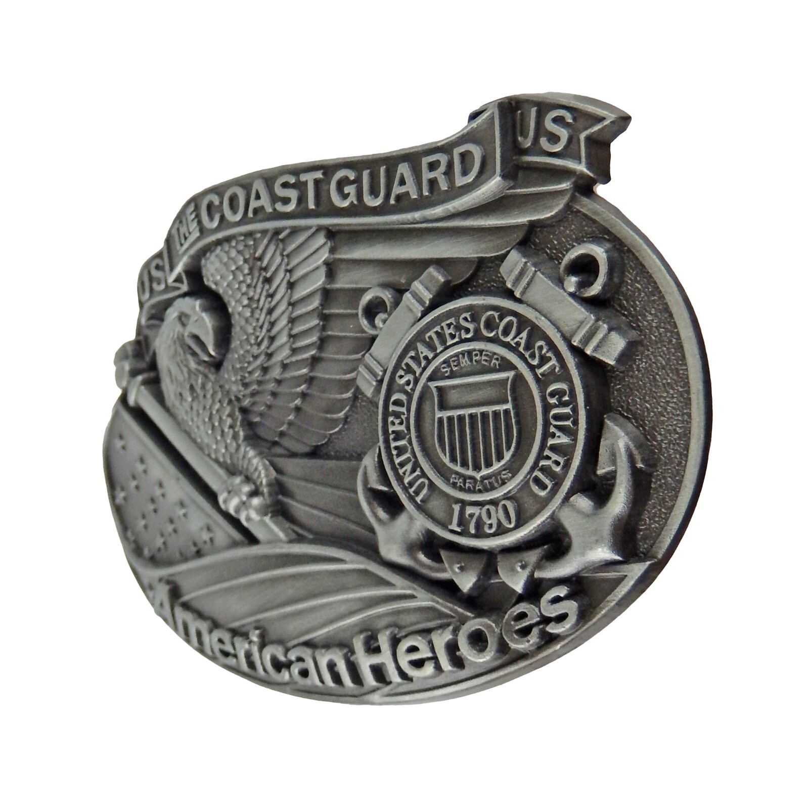 Coast Guard Belt Buckle American Eagle Flag Heroes Silver Tone Fits 1.5&Prime; Belts
