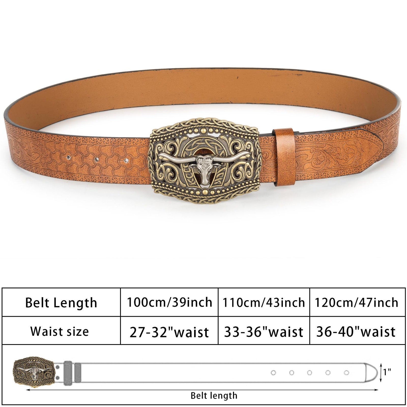 OVOY Men Women Vintage Cow-Head-Buckle For Waist 36-40 in, Brown