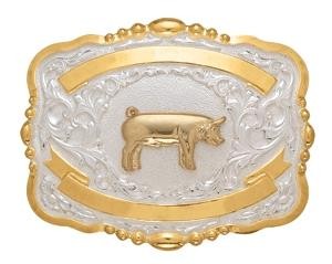 Lightning Ridge Crumrine Western Belt Buckle Trophy Pig 2 Ribbons 38448