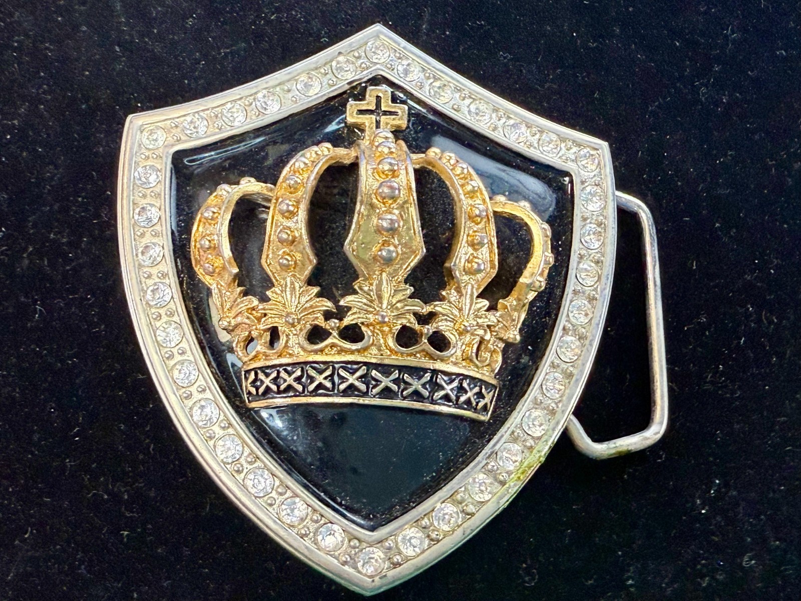 Royal Gold Crown Shield with Rhinestone Border Belt Buckle A286 Classico Italia