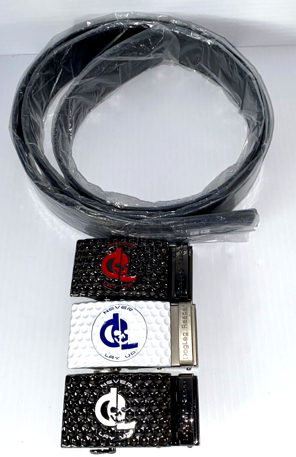 Golf Belt Buckle & Leather Belt Removable Magnetic Ball Marker Ratchet Dog Leg