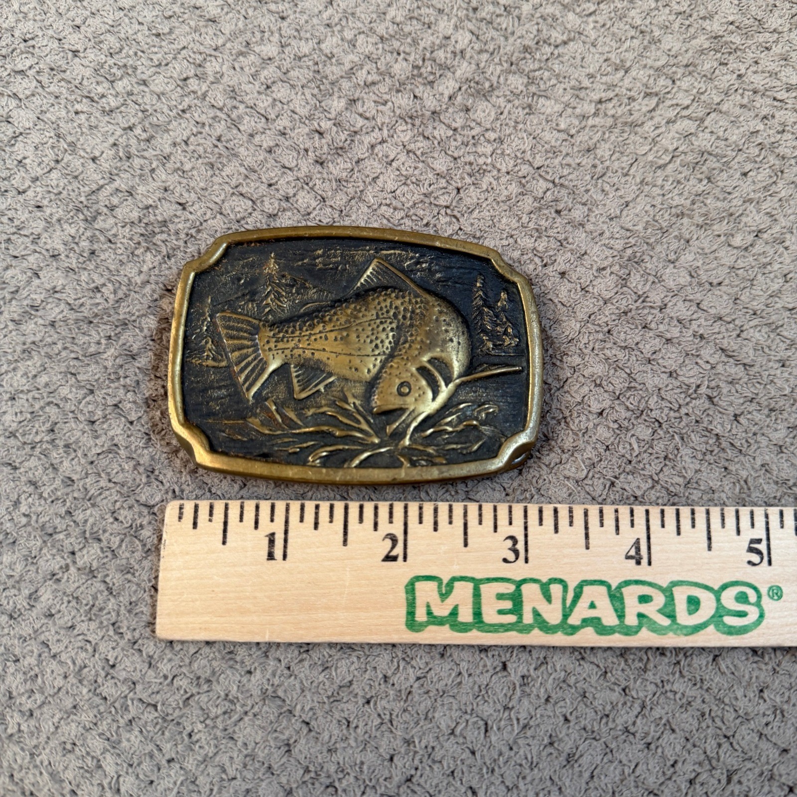 Vintage 1980s BTS Solid Brass Bass Fish Belt Buckle USA Made Scalloped Edge OS