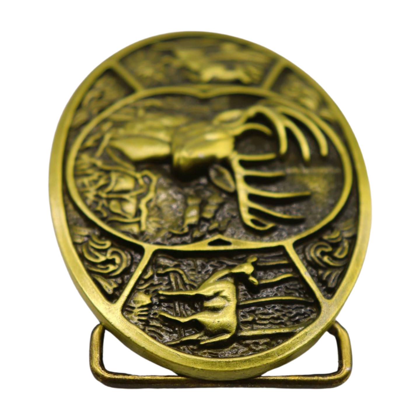 Men Dark Gold Metal Belt Buckle Deer Nature Western Fashion Accessory Day Night