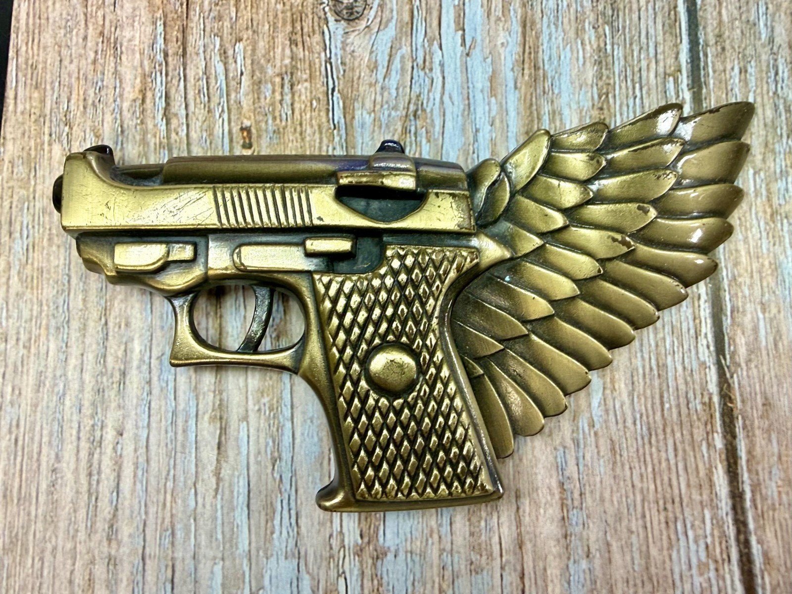 Winged Gun Flying Pistol Handgun Figural Cutout Brass Tone Large Belt Buckle