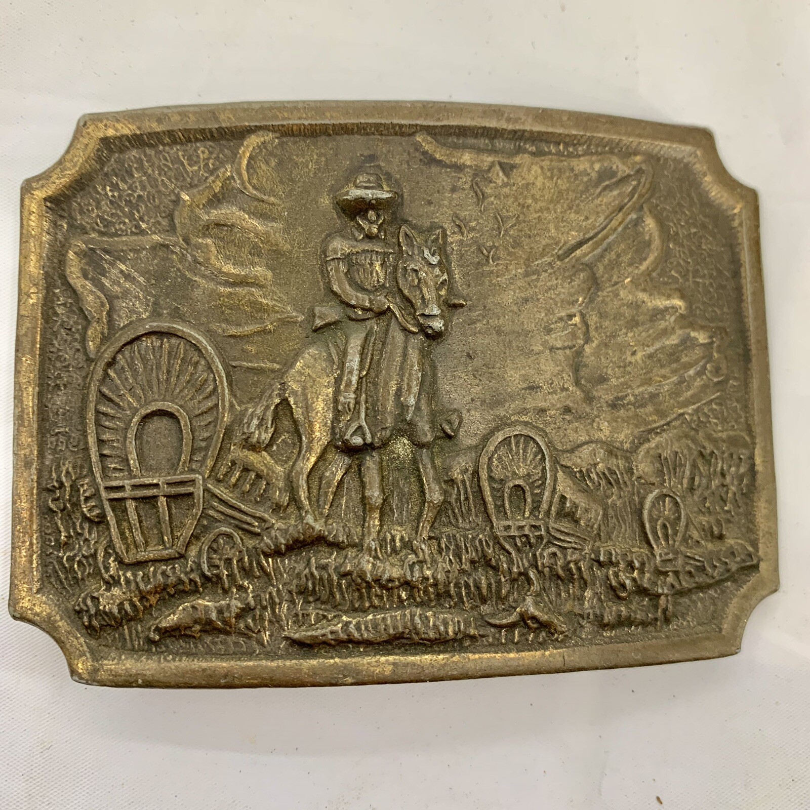 Vintage Western Belt Buckle Pioneers Wagon Train Trail Cowboy Horse