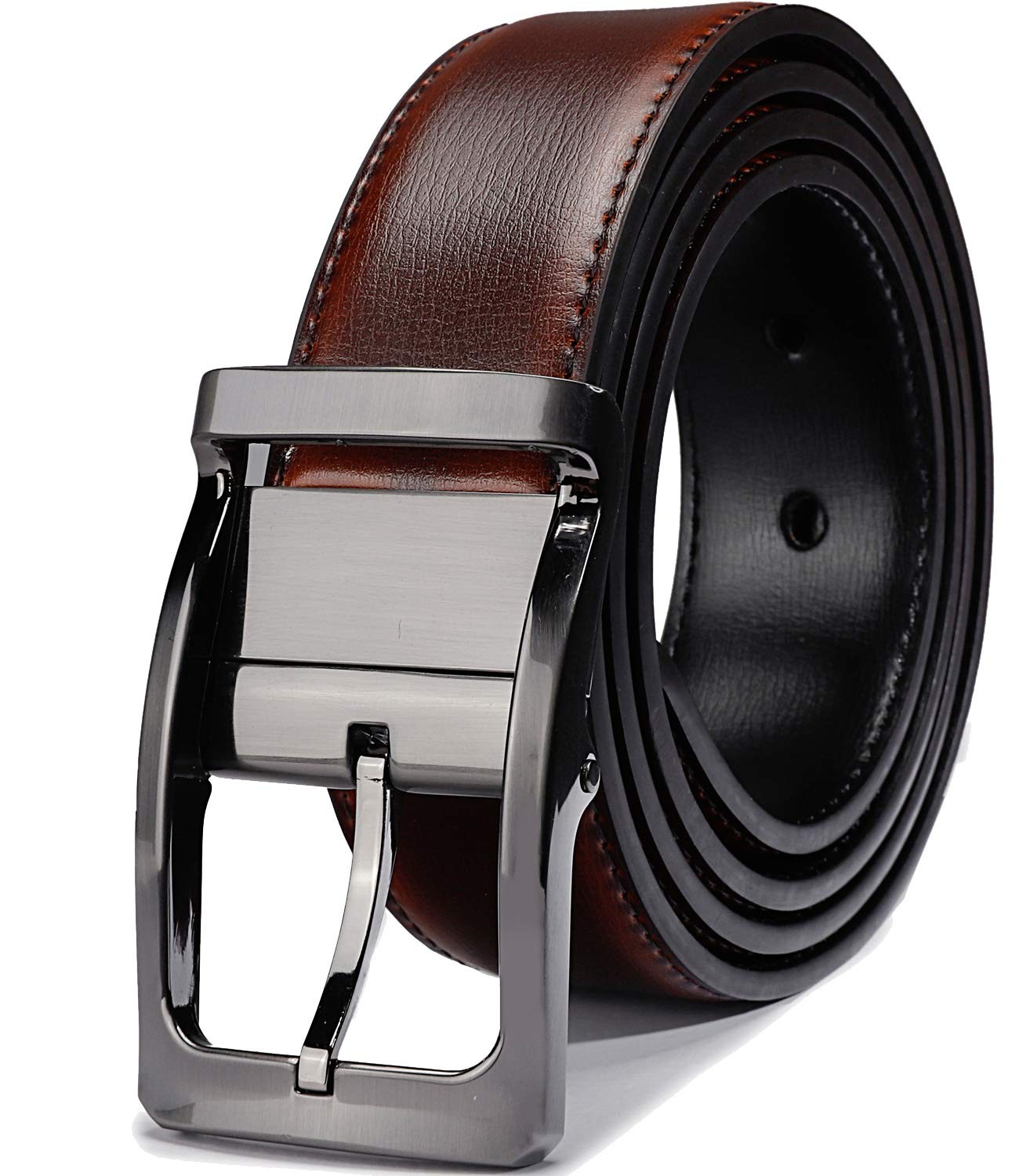 Belts for Men 57-58, Rectangle Rotated Buckle With Burnt Umber/Black Belt
