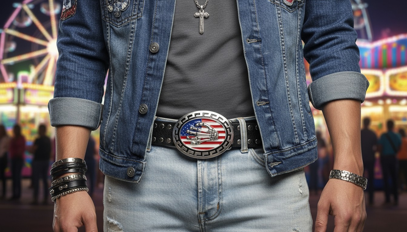 Men Silver Metal Belt Buckle Skull Skeleton Hand USA Flag United States America