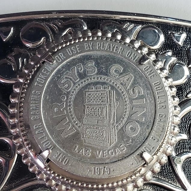 Mr. Sy&rsquo;s Casino Las Vegas 1979 $1 Gaming Token Western Belt Buckle Silver Tone