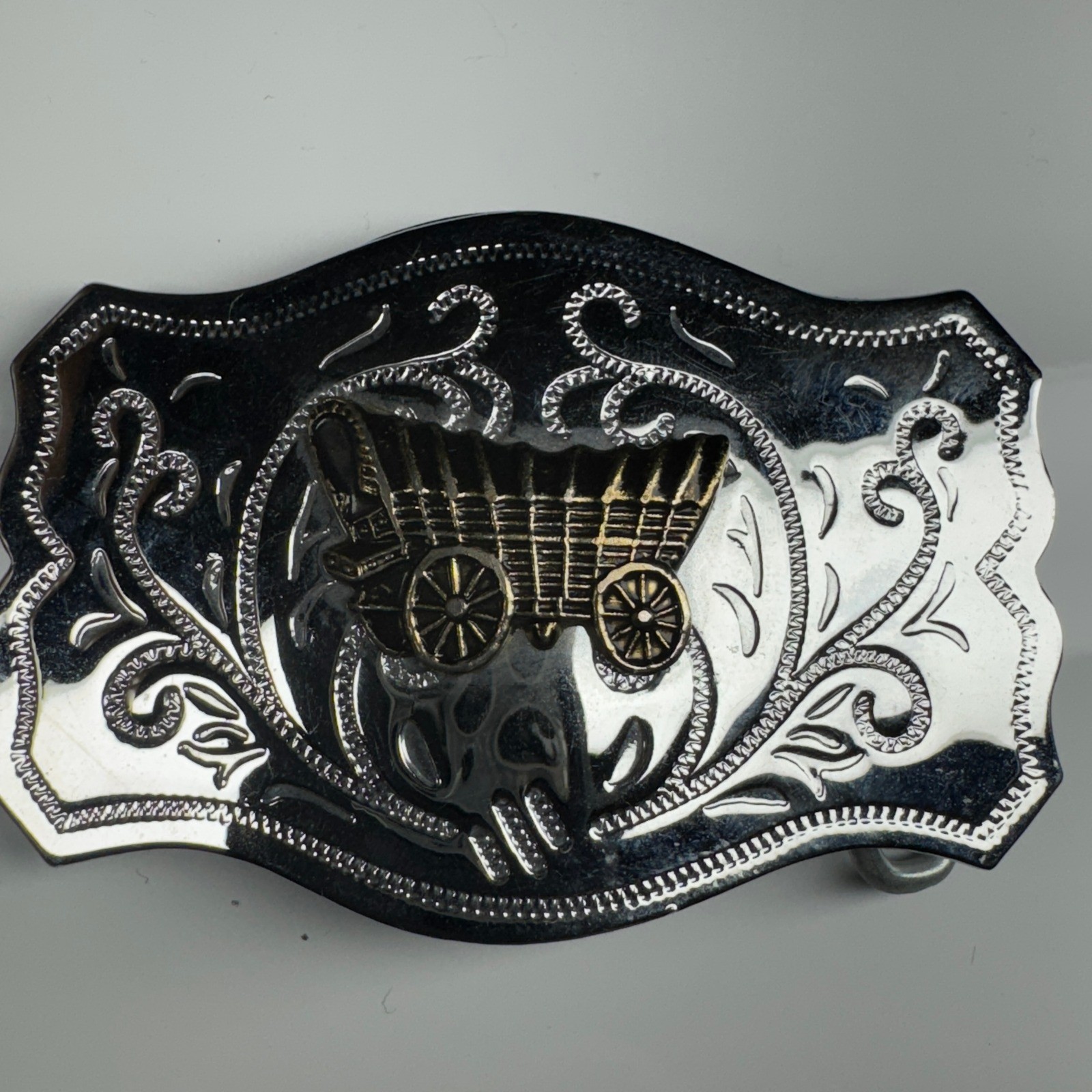 Western Covered Wagon Belt Buckle Ornate Silver Tone Western Style