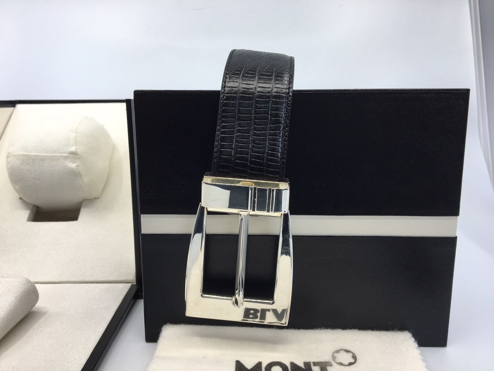 New Authentic Montblanc Sterling Silver Buckle Trapeze Calf Strap Belt