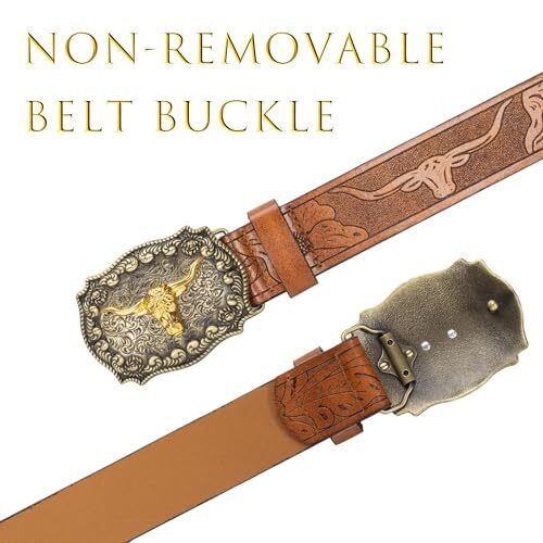 Mens-Western-Cowboy-Belt – Longhorn-Bull-Pattern Fit Waist 31-34 in Brown