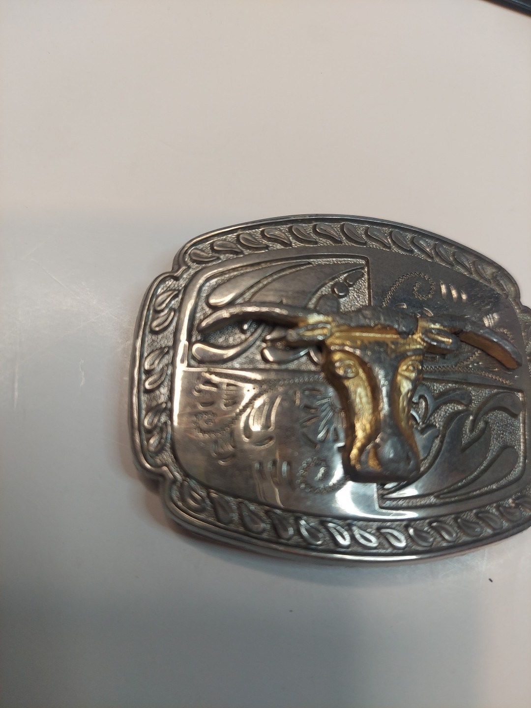 Western Longhorn Belt Buckle Floral Engravings Bull Head Rope Border