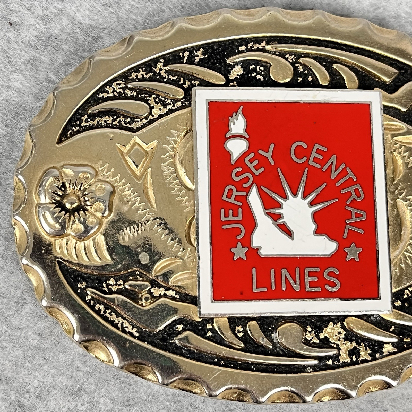 Jersey Central Lines Belt Buckle Silver Tone w Red and White Insert