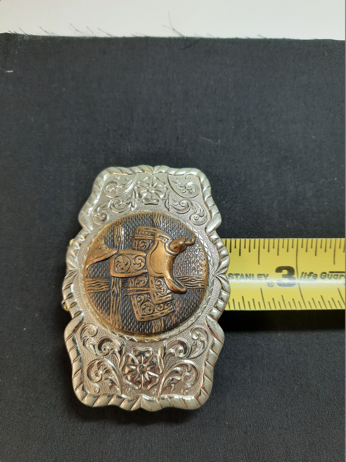 VINTAGE NICKEL SILVER WESTERN SADDLE THEME BELT BUCKLE Intricate Filigree Design