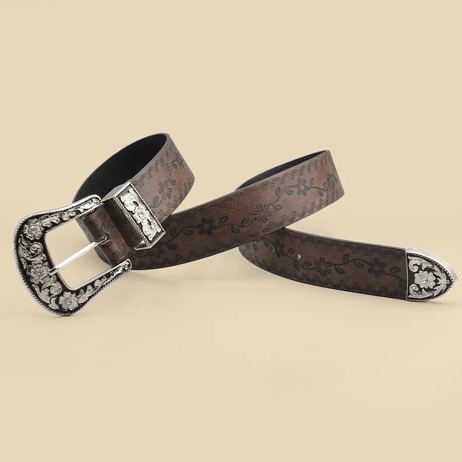 Vintage Carved Buckle Belt for Women Men – Brown Textured Floral Print
