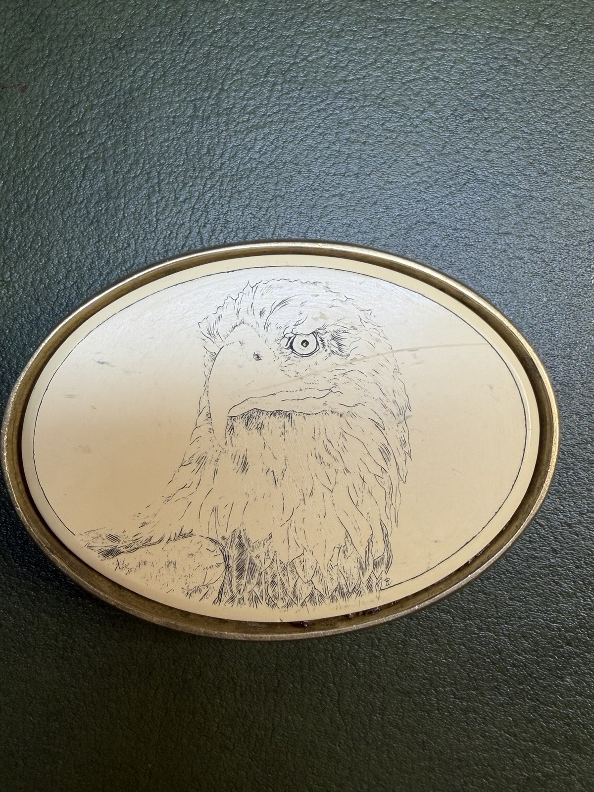 Vintage BARLOW Solid Brass Belt Buckle Bald Eagle Scrimshaw Style Southwestern