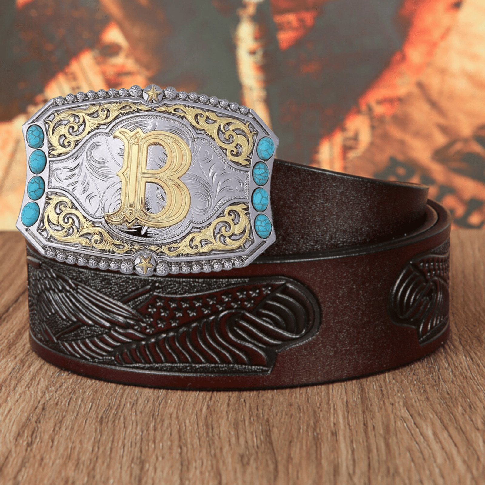 Turquoise Belt Buckle Western Cowboy Rodeo Initial Letters ABCD to Z Belt Buckle
