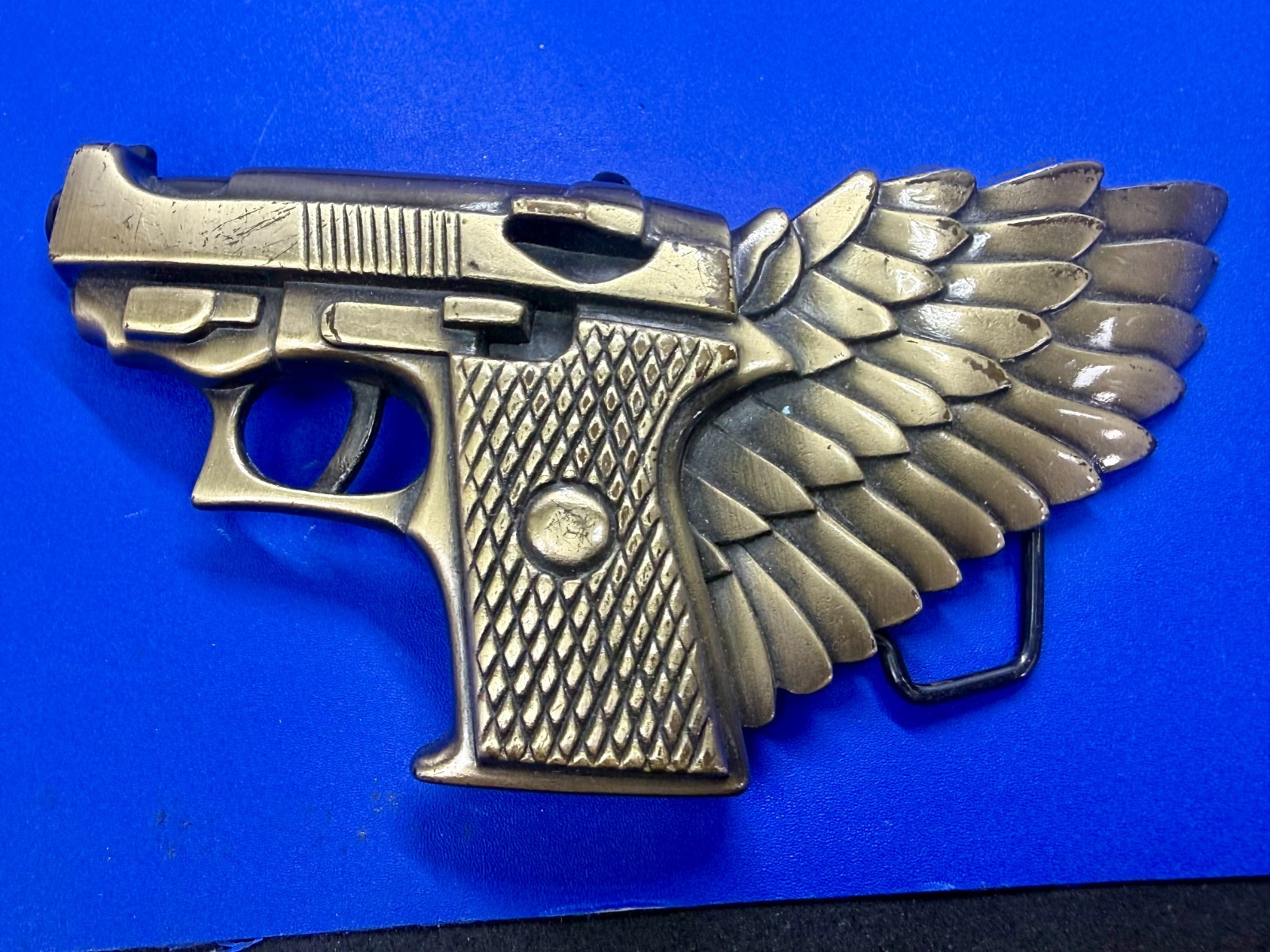 Winged Gun Flying Pistol Handgun Figural Cutout Brass Tone Large Belt Buckle