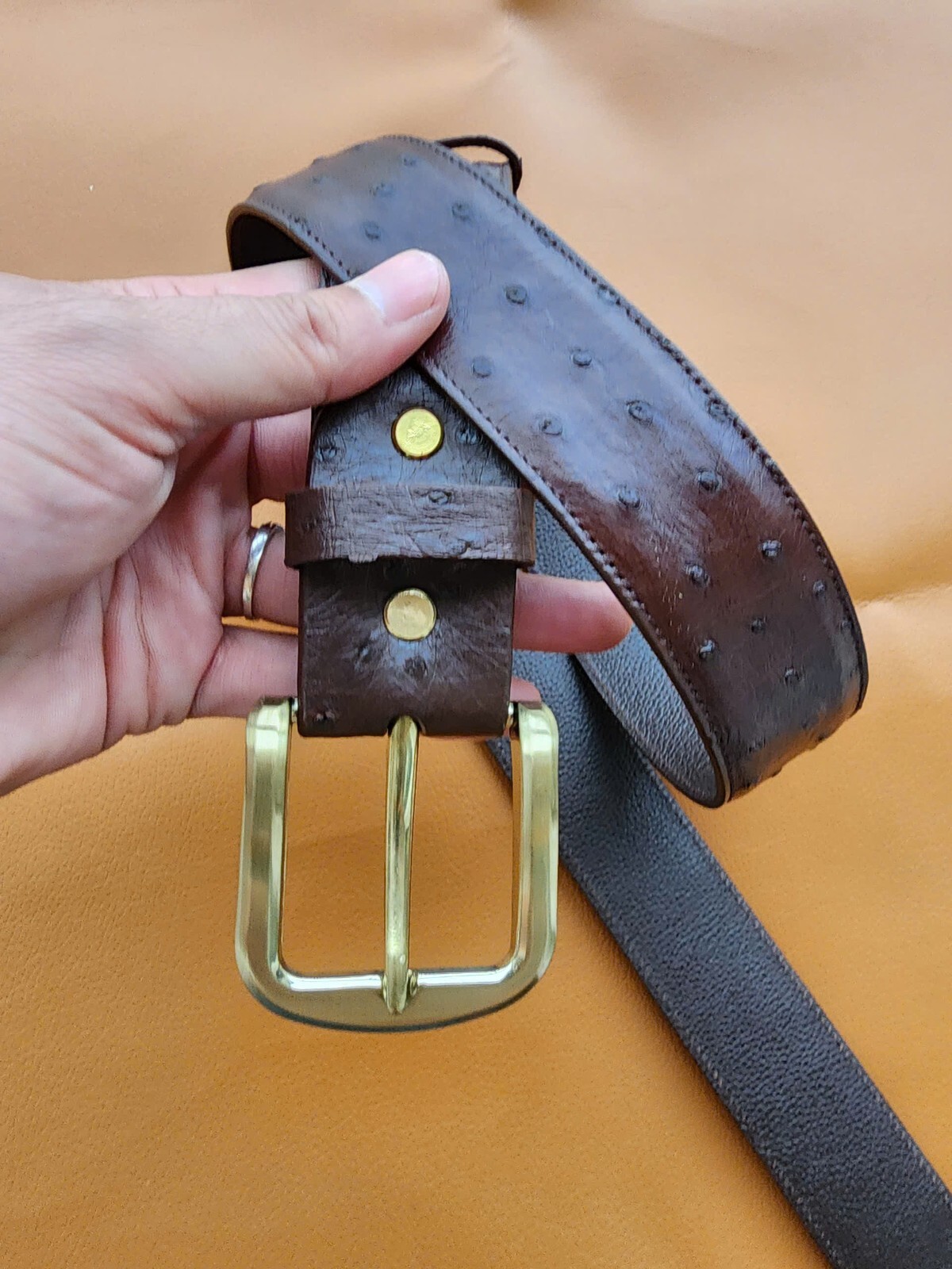 3.8CM Brown 100% Genuine Body Ostrich Leather Skin Men Belt Buckle- Handmade