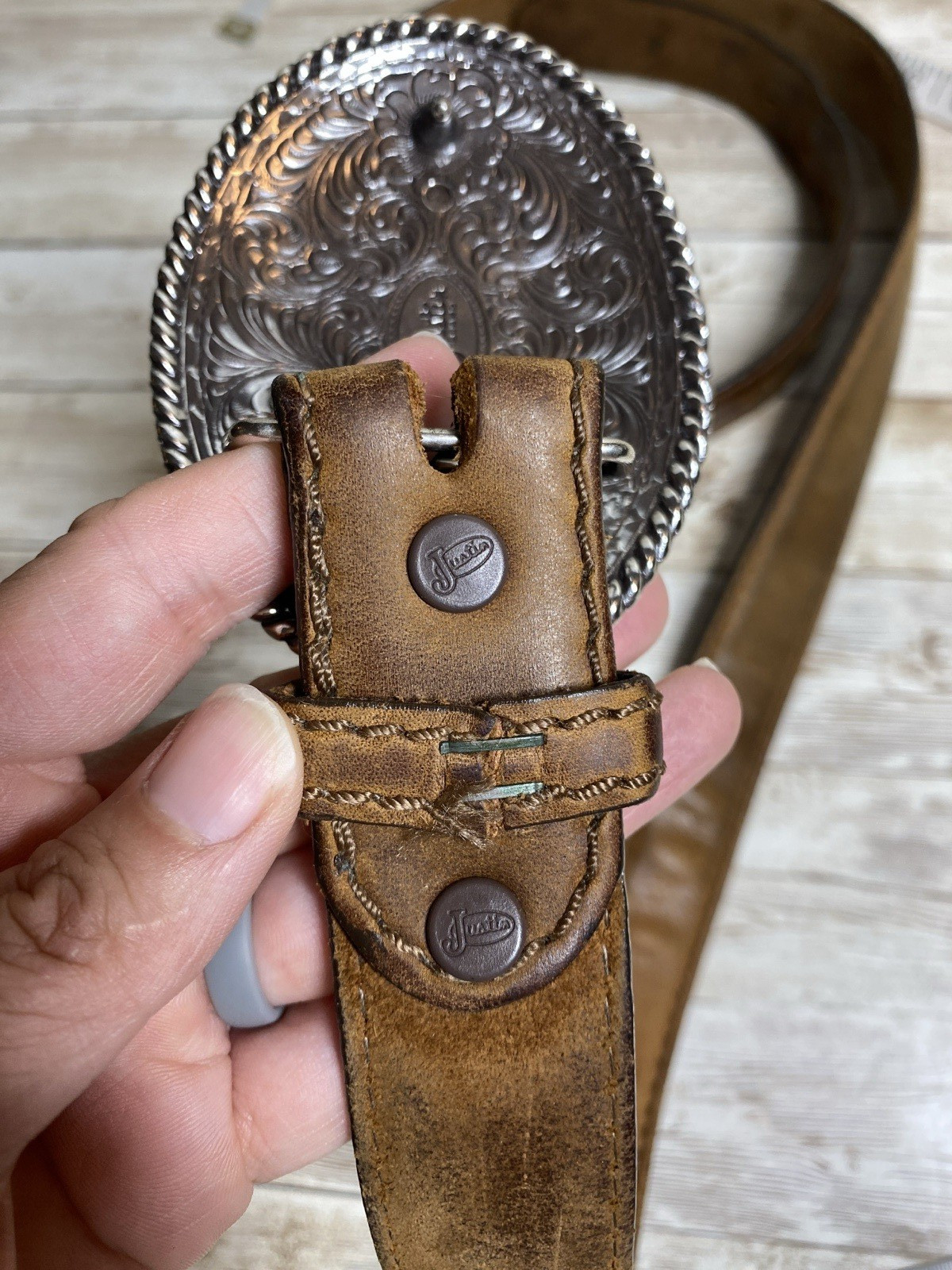 Justin Belt Mens Brown Leather Silver Tone Buckle Floral Scroll Western Cowboy