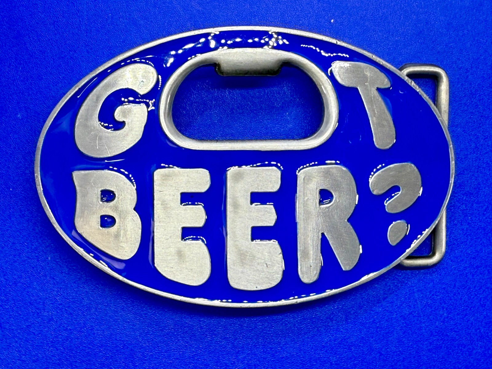 Got Beer Novelty Blue Enameled Funny Bar Pick Up Belt Buckle With Bottle Opener