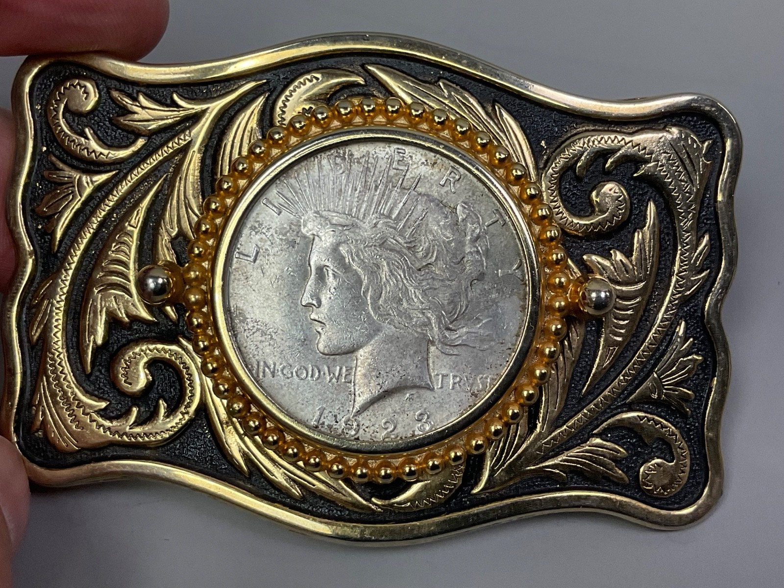 Vtg 1923 Peace Silver Dollar Coin Belt Buckle Engraved Scrollwork Western Cowboy