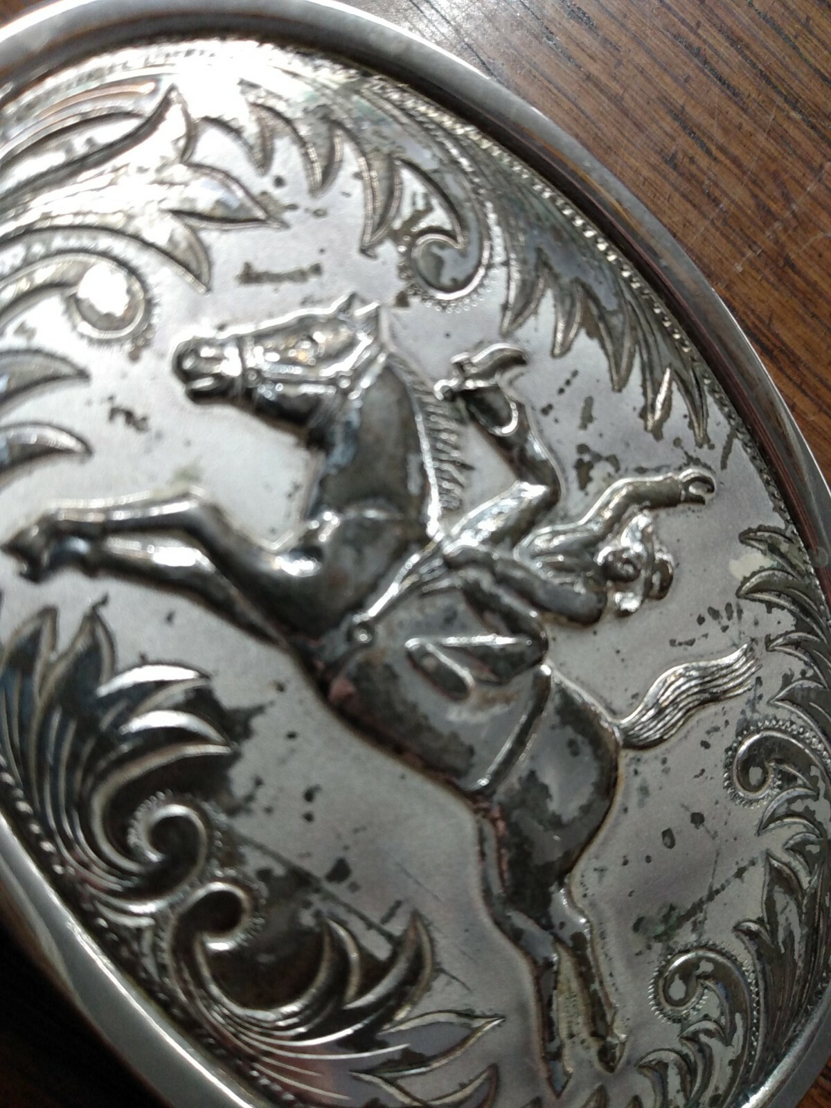 Western Style Silver Plated Belt Buckle- Horse & Rider (Stamped 1028) « LB »