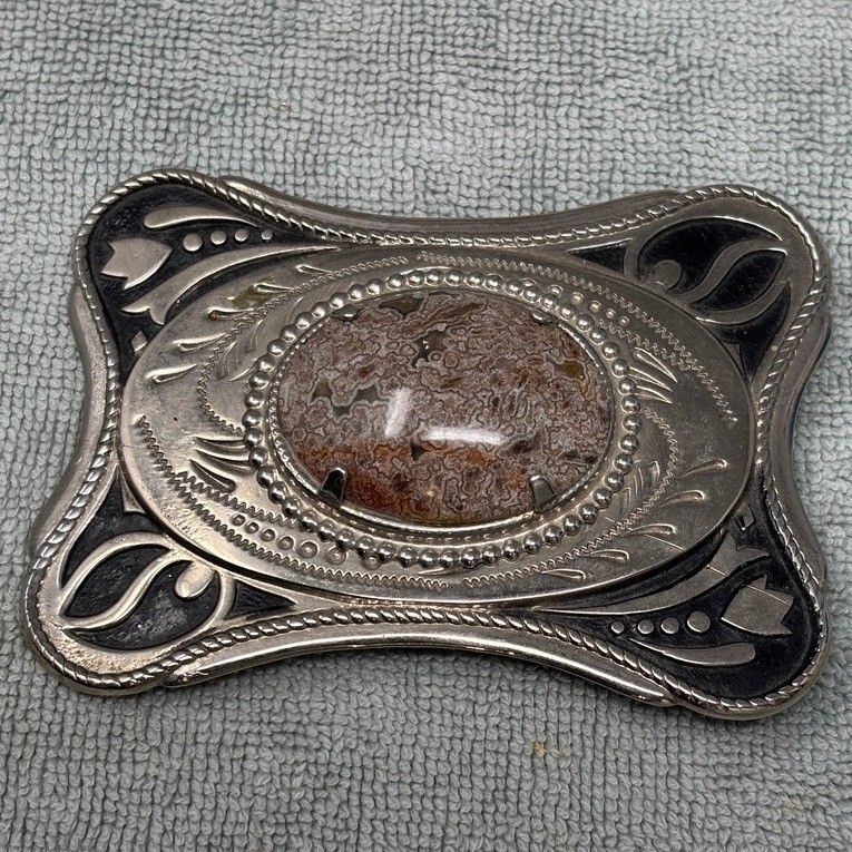 Vintage Western Silver Tone Lace Agate Stone Belt Buckle Scroll Floral Design