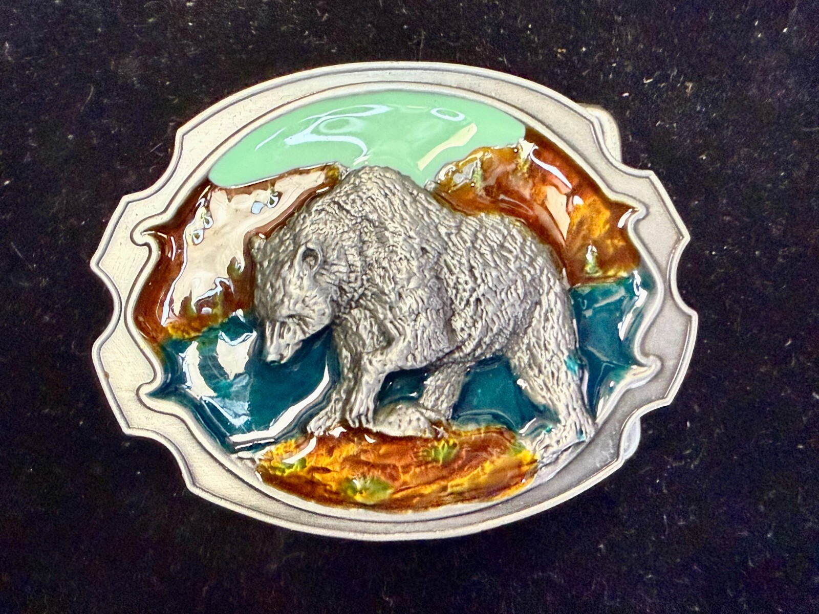Southwestern Style Fishing Grizzly Bear Colorful Painted Belt Buckle