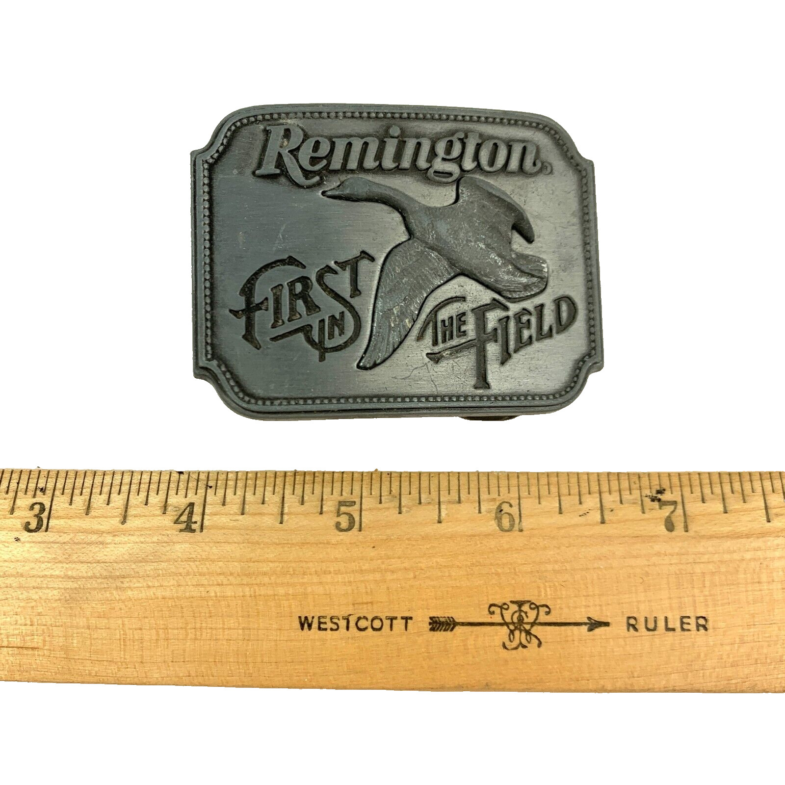 Vintage Remington Arms First In Field Canada Goose Metal Belt Buckle 1980 Small